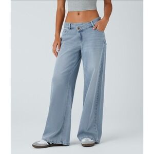 Halara Flex Asymmetric Low Rise Wide Leg Baggy Stretch Jeans Light Blue Size Med